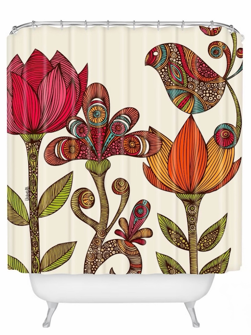 In The Garden Shower Curtain Ivory - Deny Designs: Bird Pattern, Microfiber Bath